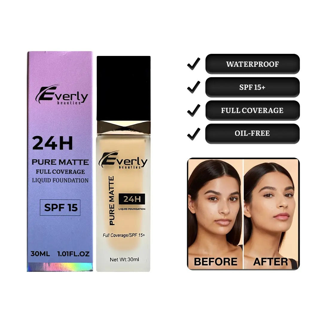 Everly Beauties 24H Pure Matte Full Coverage Liquid Foundation SPF 15 Warm Nude