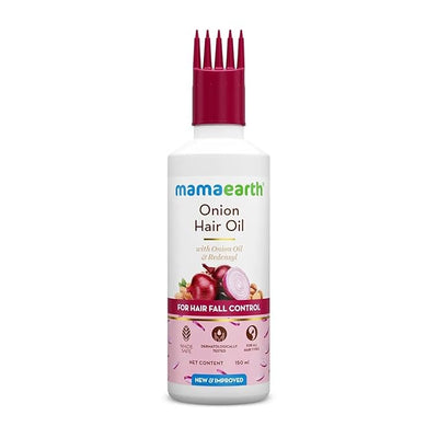 Mamaearth Onion Hair Oil 150ml bottle with comb applicator front view