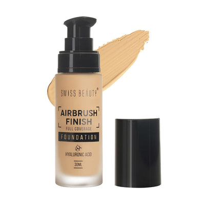 Swiss Beauty Airbrush Finish Foundation 02 Fair Ivory bottle with swatch