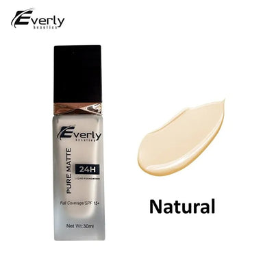 Everly Beauties Pure Matte Full Coverage Foundation Natural bottle with shade swatch
