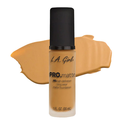 L.A. Girl PRO Matte Foundation Soft Honey bottle with swatch