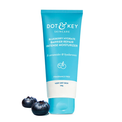 Dot & Key Blueberry Hydrate Barrier Repair Moisturizer tube with blueberries