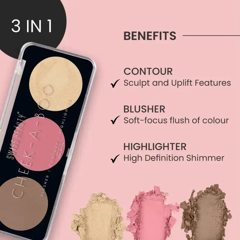 Swiss Beauty CHEEK-A-BOO 3-in-1 Face Palette BLUSHER|CONTOUR|HIGHLIGHTER - Shade 03